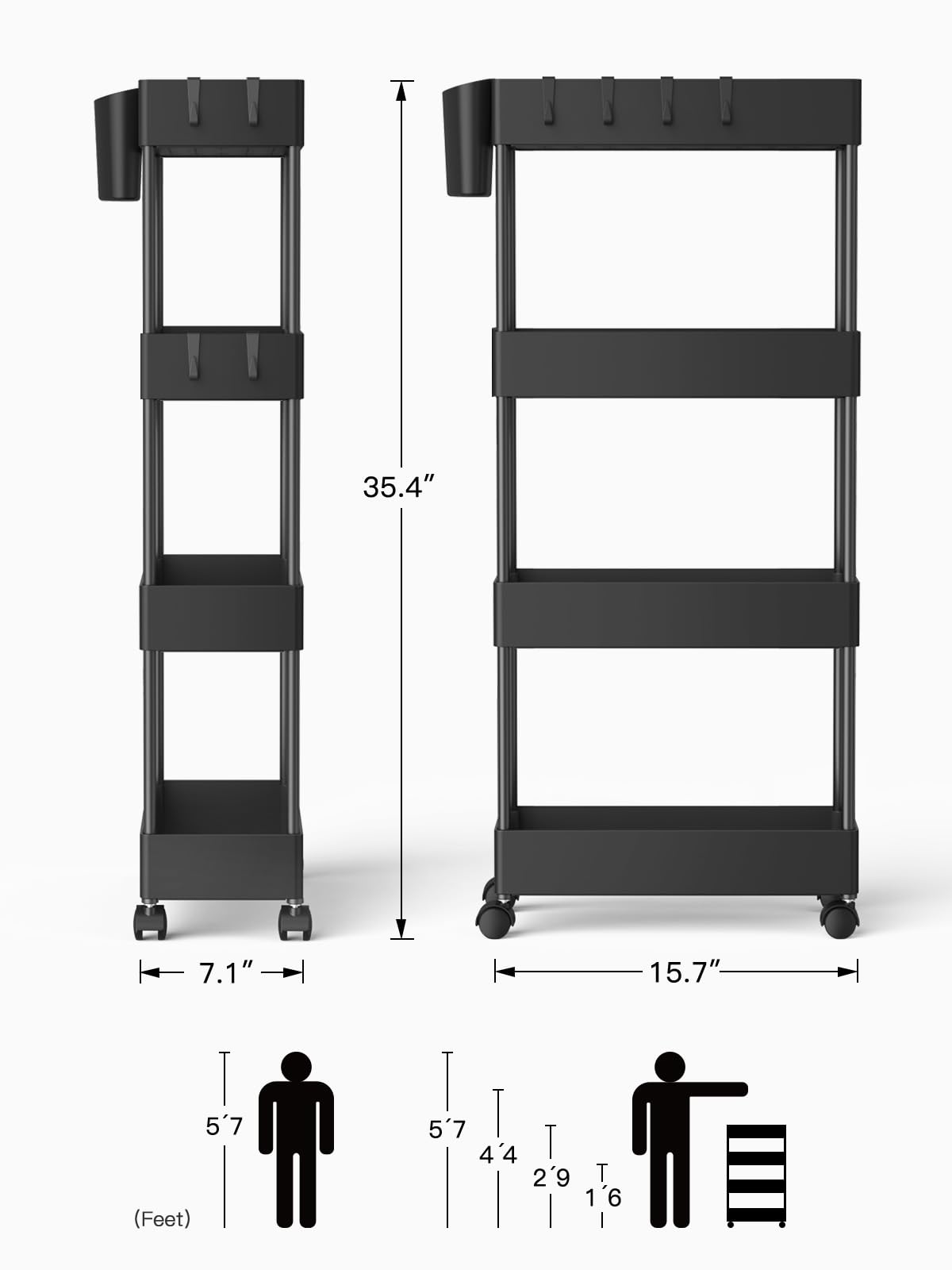 Pipishell Slim Storage Cart with Wheels - Bathroom Cart Organizer Storage, 4Tier Rolling Carts for Bathroom, Laundry Room, Kitchen, Narrow Space, Black PIUC05