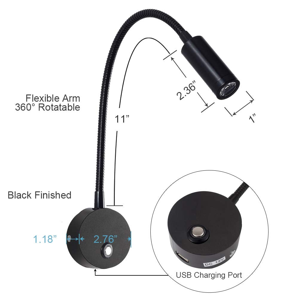 WisHomee Dimmable RV Reading Light with USB Charging Port, DC 12V RV Interior Lights, Flexible LED Light Fixtures, Designed for Camper, Van, Boat and Motorhome, 2 Pack(Black)