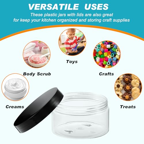 Uiifan 48 Pcs 8 oz Plastic Cosmetic Jars with Lids and Labels Empty Refillable Cosmetic Leak Proof Containers Lotion Jars for Cream Body Butters Powder Ointment Lip Scrub (Clear with Black Lids)