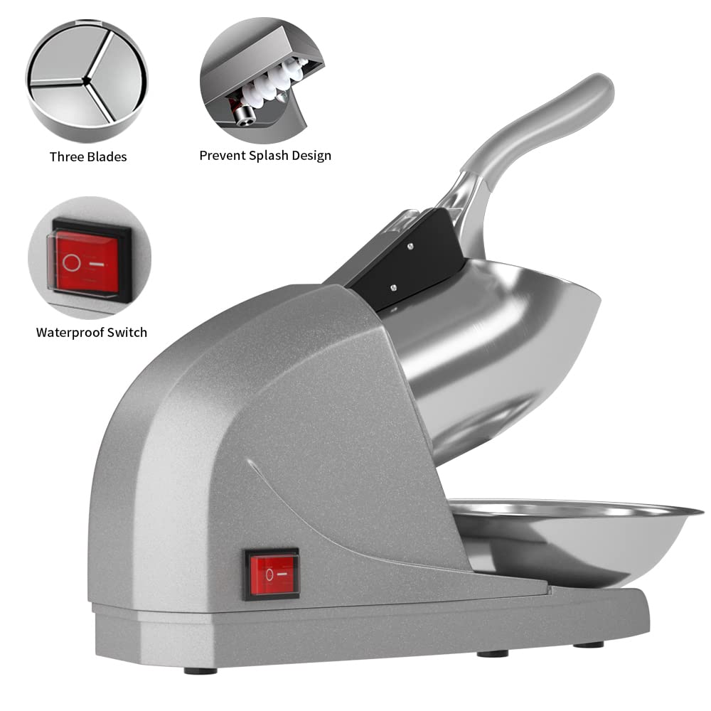 OKF Ice Shaver Prevent Splash Snow Cone Machine, Electric 3 Blades Shaved Ice Machine, 380W Ice Shaver Machine, 286lbs/hr Ice Crushers for Home Use, Ice Shaver Machine Electric, Ice Crusher (Silver)