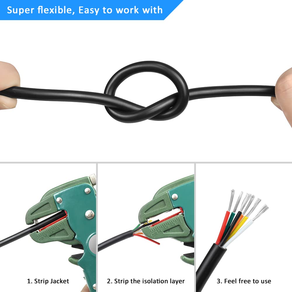 DEKIEVALE 18 Gauge 6 Conductor Electrical Wire, 100FT 18AWG Black PVC Stranded Tinned Copper 6 Wire Cable, 18/6 Cord Extension Cable