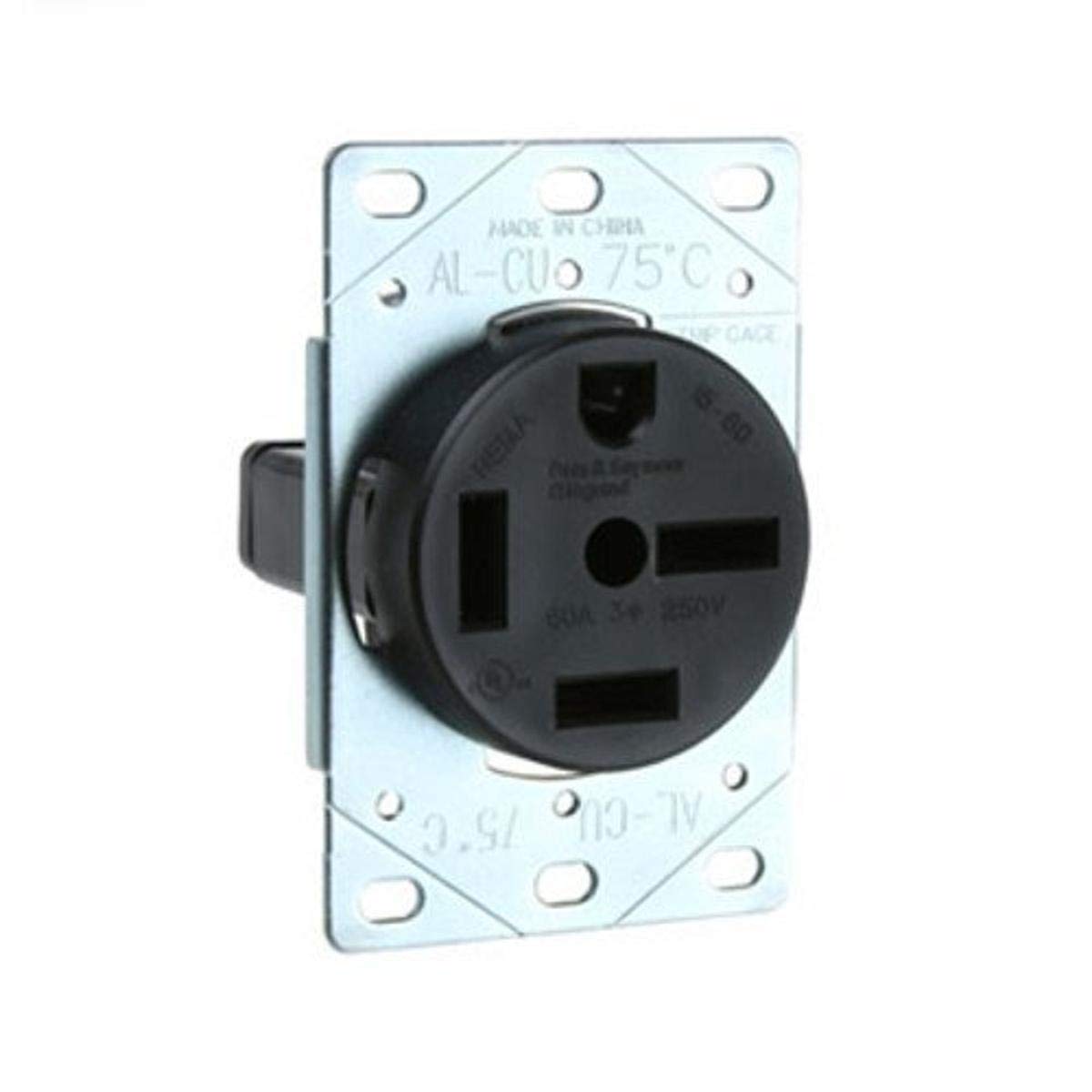 Legrand Pass & Seymour 5760 60 Amp 3 Phase 250V Power Flush Receptacle Outlet, NEMA 15-60R, Black (1 Count)