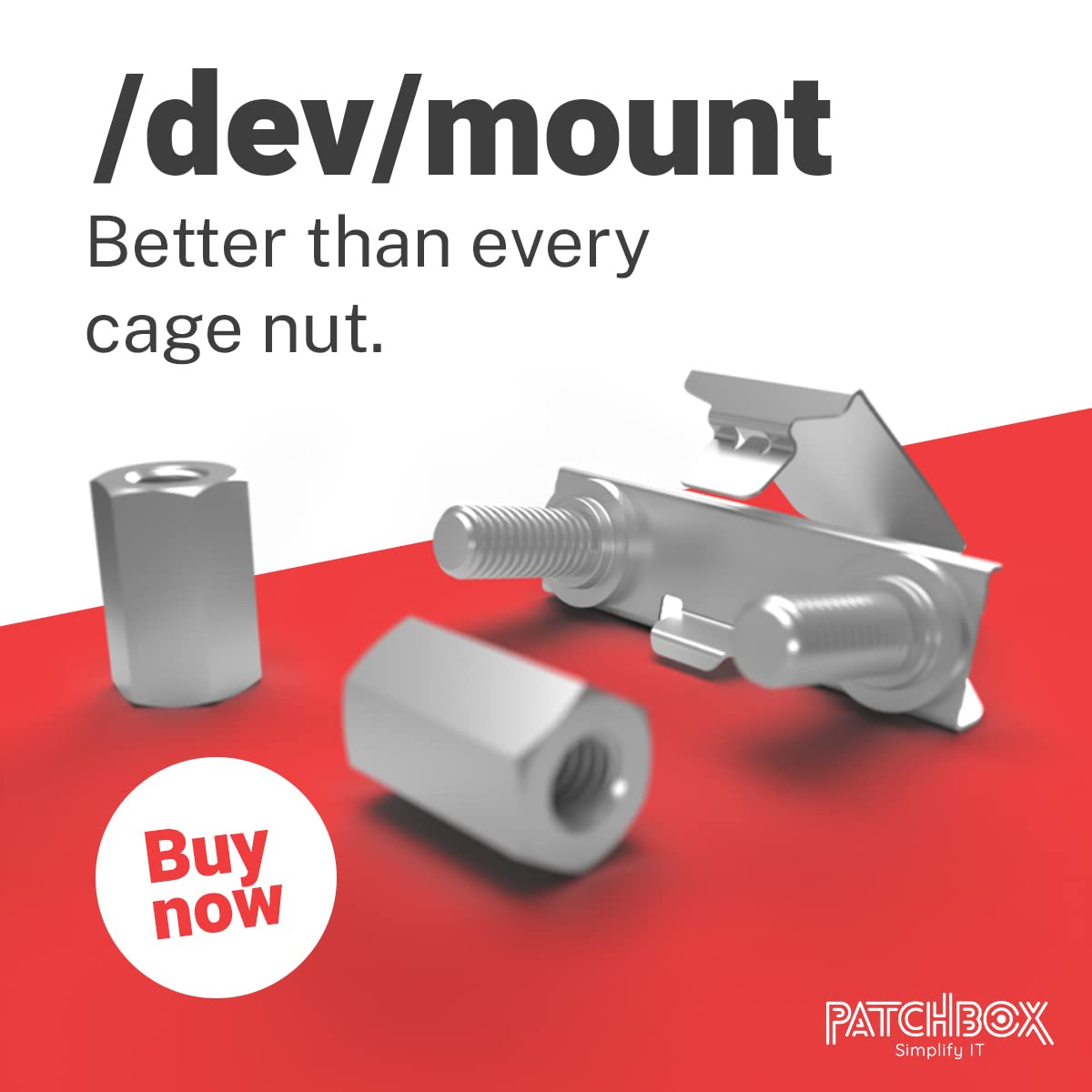 PATCHBOX/dev/Mount - Toolless Installation Cage Nut Alternative Device Mount Screws for Patch Panels, Computer Cabinets, Servers, and Network Racks - for 19” Rails, Supports 15kg - 50-Pack