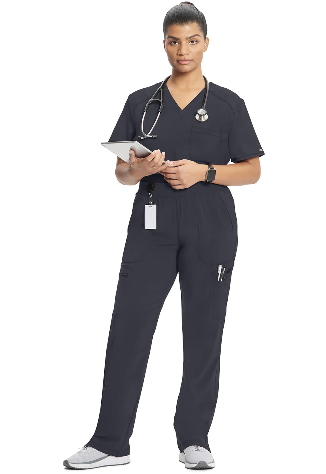 Cherokee Infinity Women's Scrub Pant Mid Rise Tapered Leg Pull-on Bottom with Moisture Wicking & 360° Stretch Fabric CK065A, L, Pewter