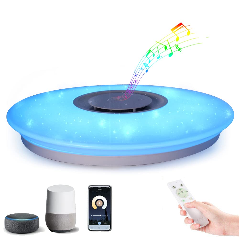 Upgrade WiFi Music Ceiling Light with Bluetooth Speaker and Remote Control, 15 inch Dimmable Ceiling lamp Compatible with Alexa and Google Home 36W RGB Family Party Lights for Bedroom Living Room