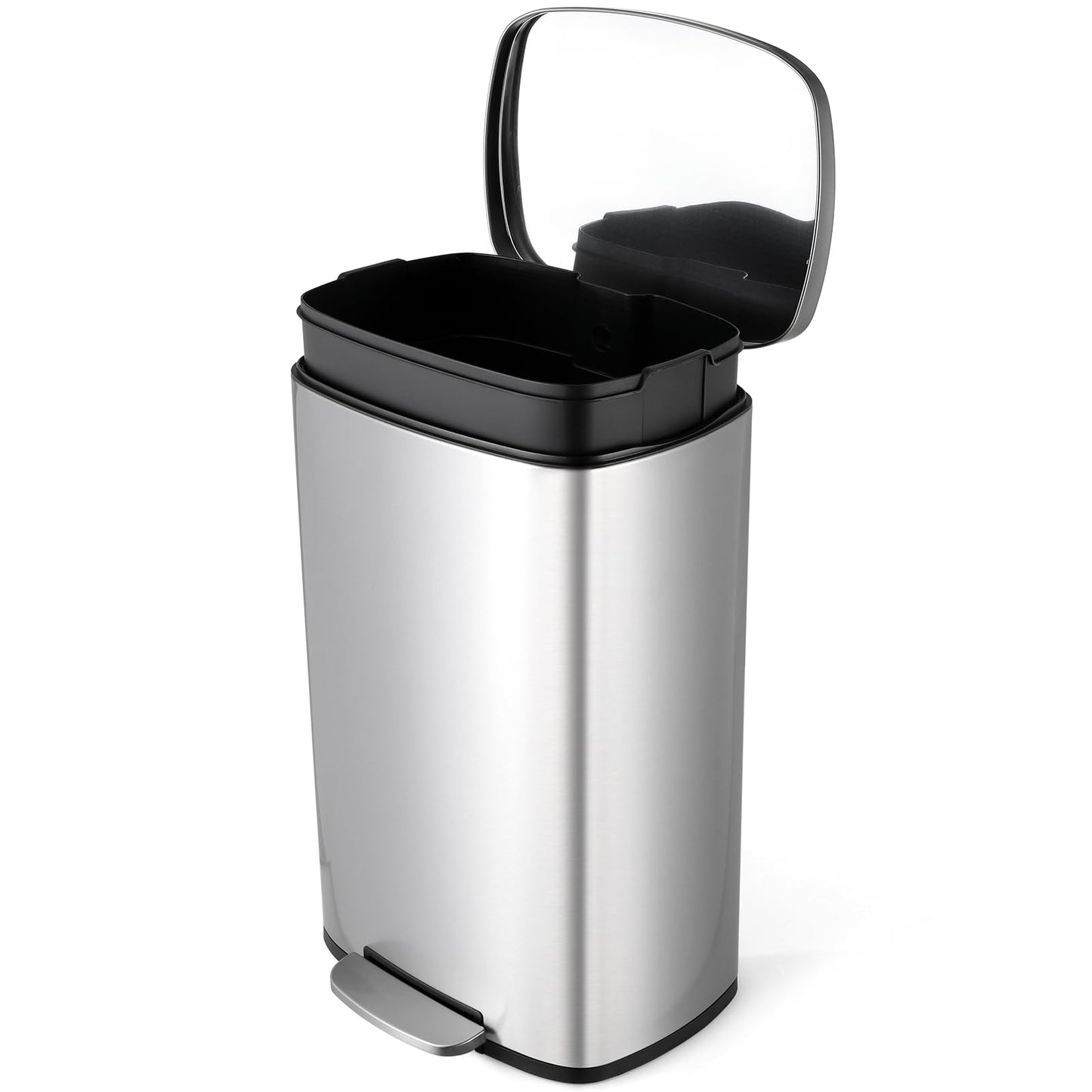 8 Gal Kitchen Trash Can, 30L Recycling or Garbage Bin, Brushed Stainless Steel Waste Basket, Soft&Quiet Close Dustbin, with Step-On Pedal, Removable Inner Bucket, for Home, Office, Living Room