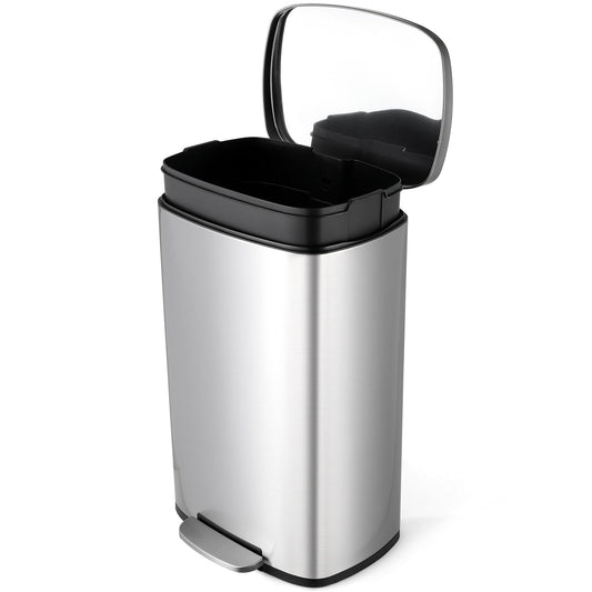 8 Gal Kitchen Trash Can, 30L Recycling or Garbage Bin, Brushed Stainless Steel Waste Basket, Soft&Quiet Close Dustbin, with Step-On Pedal, Removable Inner Bucket, for Home, Office, Living Room