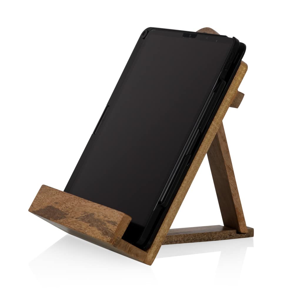 PICNIC TIME Disney Mickey Mouse Cookbook Stand and Tablet Holder, Mango Wood Folding Recipe Book Stand with Metal Mickey Icon, Countertop Kitchen Display Stand, (Mango Wood)