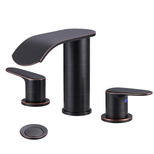 WOWOW Waterfall Bathroom Faucet 3 Holes 8Inch Widespread Bathroom Sink Faucet, Two Handles Lavatory Vanity Sink Faucets with Pop-up Drain & Supply Hoses, Modern Faucet Mixer Taps Oiled Rubbed Bronze