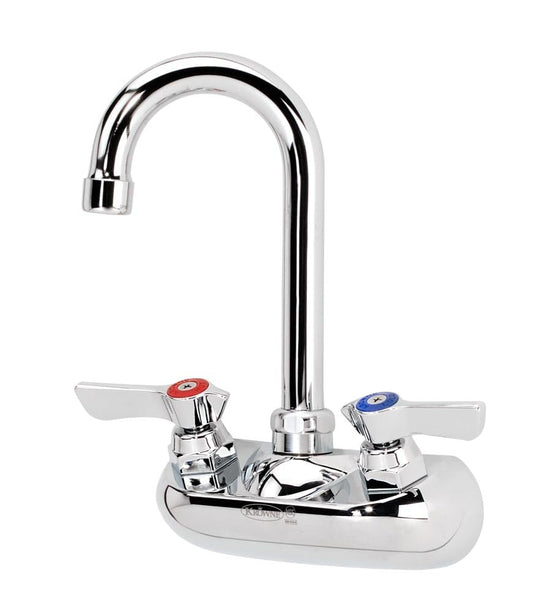 Krowne 10-400L 3.5" Wall-Mounted Gooseneck Spout Faucet with Color Coded Handles for Commercial Kitchen Restaurant Healthcare Facility | .5 GPM Flow Rate | 4" Center, 1/2" NPS Male Inlet, Chrome, NSF