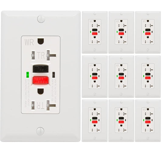 10 Pack - POWAWINI GFCI Outlet 20 Amp, UL Listed, Self-Test GFI Receptacles, TamperResistant, Weather Resistant, LED Indicator, with Decor Wall Plates and Screws, Indoor or Outdoor Use (Red/Black)