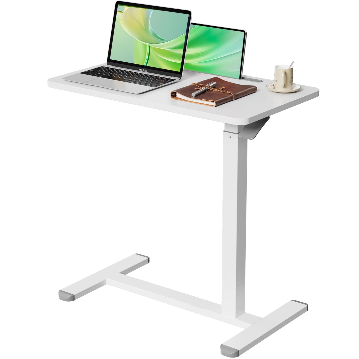 Gibbon Mounts Mobile Standing Desk, Pneumatic Adjustable Rolling Desk(27.5 Inches), Portable Laptop Desk with Wheels, Overbed Bedside Table Laptop Table for Couch, Home, Office, White
