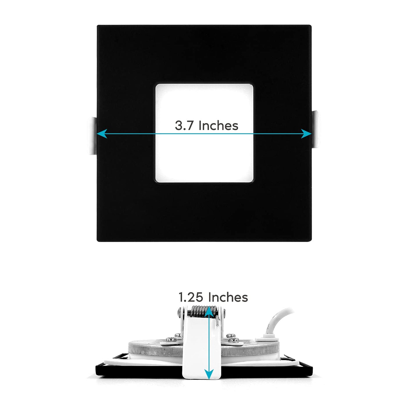LUXRITE 3 Inch Square Ultra Thin LED Recessed Light with J-Box, 8W, 5 Color Options 2700K | 3000K | 3500K | 4000K | 5000K, Dimmable Wafer Light, 540 Lumens, Black Trim, Energy Star, IC Rated (4 Pack)