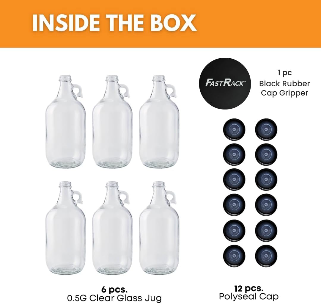 Fastrack 6-Pack Half-Gallon Glass Jug Set (64 oz) w/12 Polyseal Caps & Black Jar Gripper Pad – Multipurpose Half Gallon Jug, & Detergent Dispenser for Laundry, Glass Jar for Liquids, Water & Juice