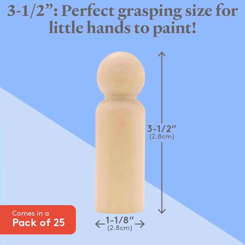Large Wooden Peg Dolls 3-1/2 inch, Pack of 25 Unfinished Jumbo Dad Peg Doll Figures for Peg People Crafts