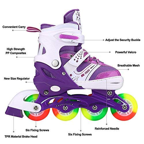 Kids Adjustable Flashing Inline Skates for Boys, Girls and Adults with Full Light Up Wheels, Outdoor Roller Skates for Kids Beginner Ages 6-8-12-14, Men and Women