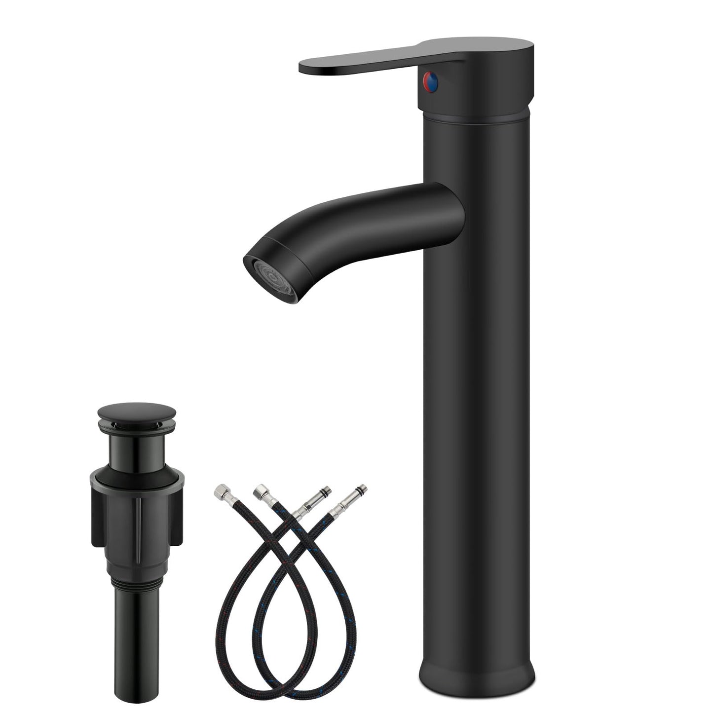 gotonovo Vessel Sink Faucet Modern One Hole Bathroom Faucet Deck Mount Lavatory Vanity Single Handle Mixer Tap with Water Supply Hose and ABS Pop Up Drain Matte Black