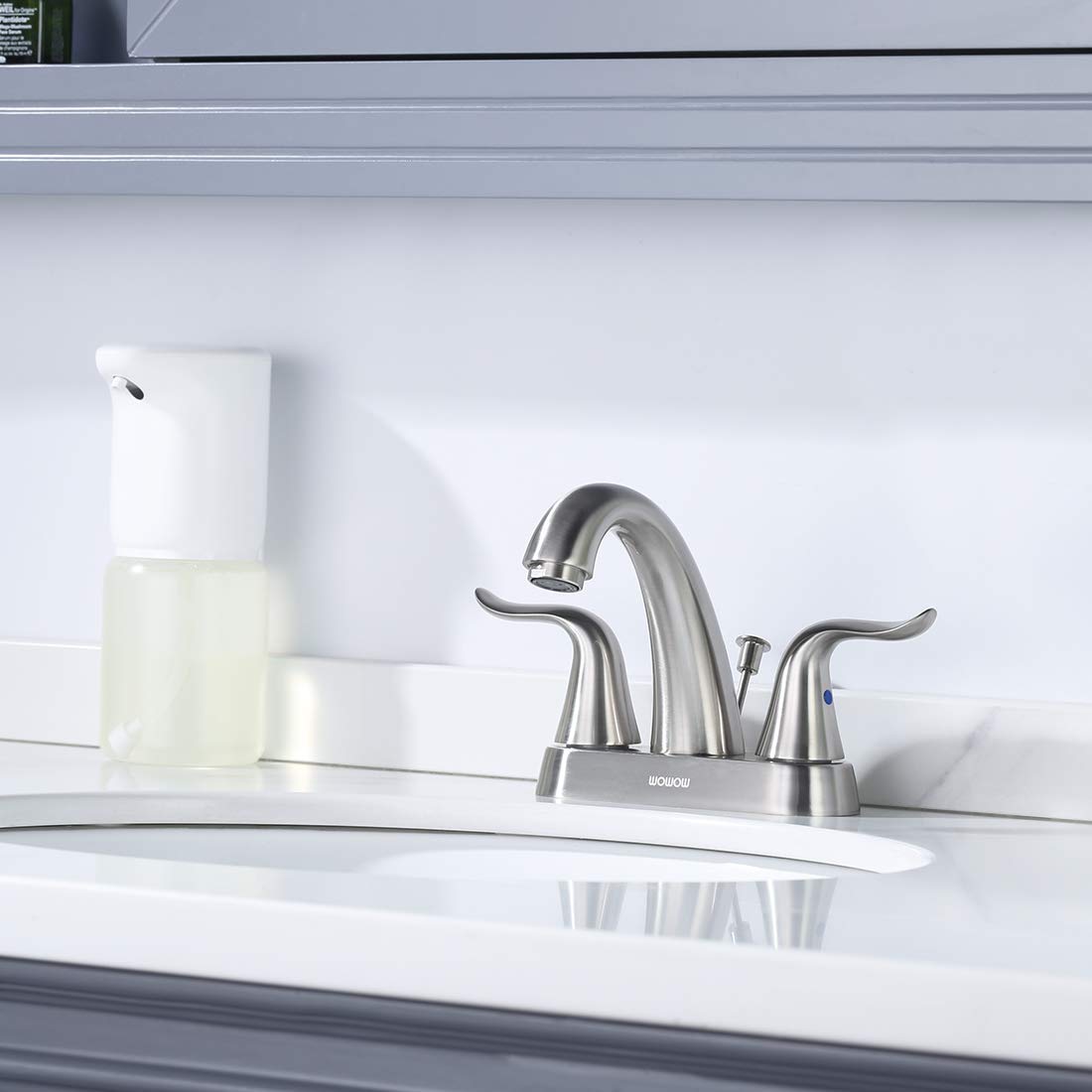 WOWOW Bathroom Faucet 2 Handle 4 Inch Centerset Bathroom Sink Faucet, Lead-Free Basin Mixer Tap with Lift Rod Drain Stopper, 2 Handle Centerset Lavatory Faucet Brushed Nickel Vanity Faucet