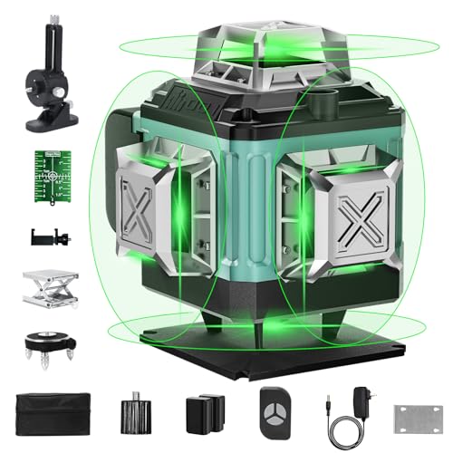 16 Lines Laser 360 Level Self Leveling, 4x360° Professional 4D Green Cross Line laser Level for Construction and Picture Hanging with 2 Batteries,Magnetic Bracket & Remote Control