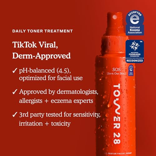 Tower 28 SOS Daily Rescue Facial Spray for Sensitive Skin, Hypochlorous Acid Spray Helps Reduce Redness and Breakouts, Full Size Toner for Face, 4 FL Oz