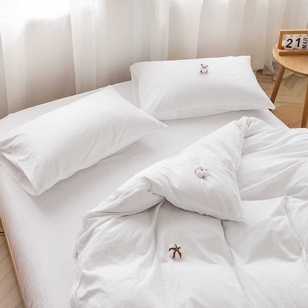 FACE TWO FACE Bedding Duvet Cover Set 3 Pieces 100% Washed Cotton Duvet Cover Linen Like Textured Breathable Durable Soft Comfy (Queen, White)