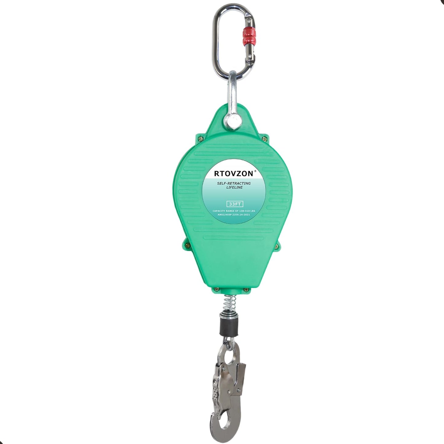 33FT Self Retracting Lifeline RTOVZON Fall Arrest Fall Protection Steel Wire Rope Heavy Duty Retractable Lanyard, Roofing Lifeline, SRL, Safety Lanyard