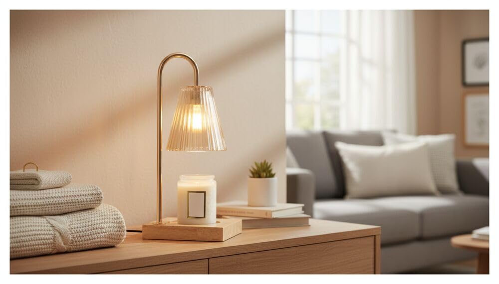 Mikasa Electric Candle Warmer with Amber Glass Shade - 13.8 Inch Lamp Warmer with Wooden Base, 50 Watt Halogen Bulb Included, Dimmer Switch, Safe Flameless Fragrance for Home Décor