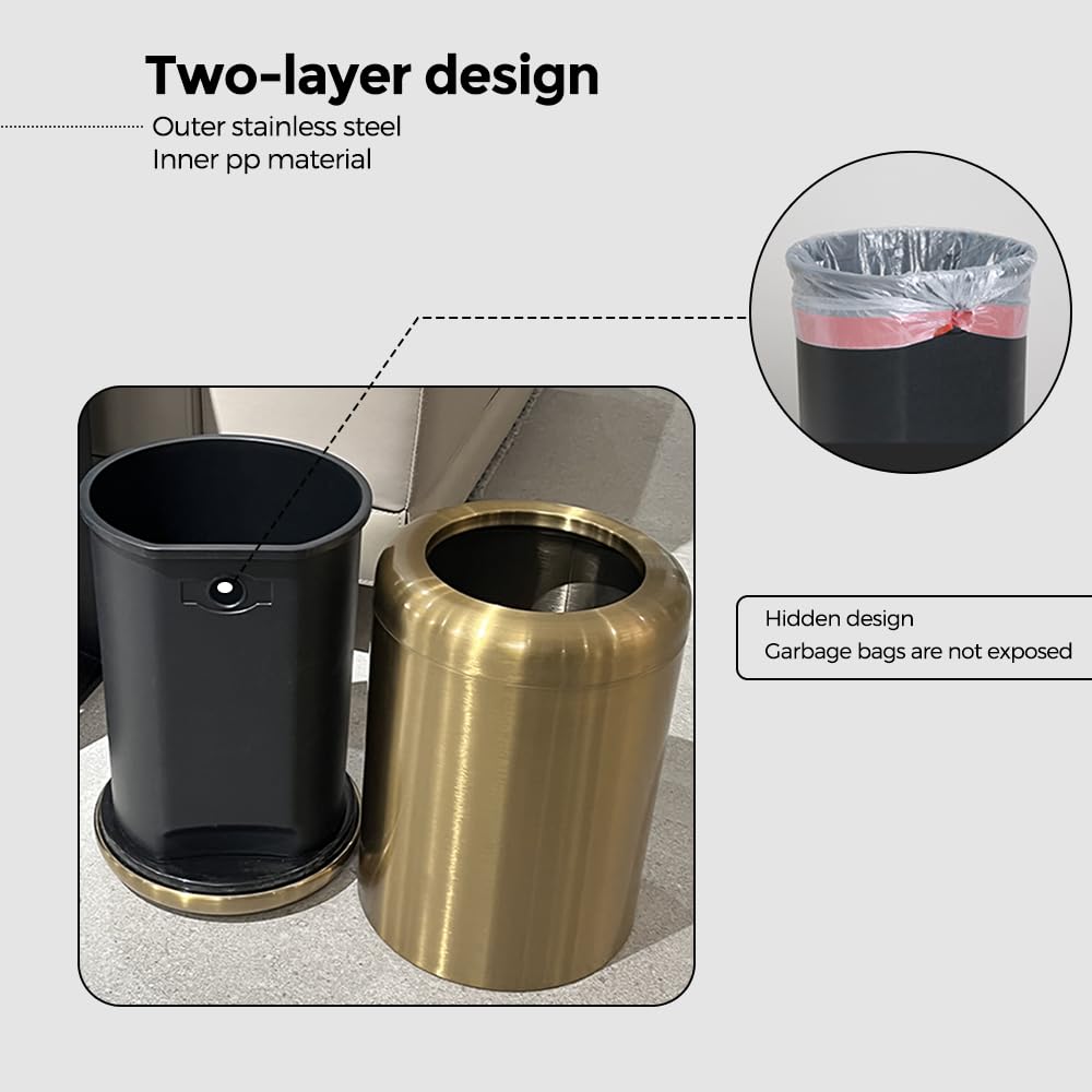 LEASYLIFE 10 L/2.6Gallon,Brass Bathroom Trash can,Gold Bathroom Trash Can, Small Gold Trash Can,Brass Garbage Can for Bathroom,Living Room,Office,Kitchen,Bedroom,Hotel (Gold)