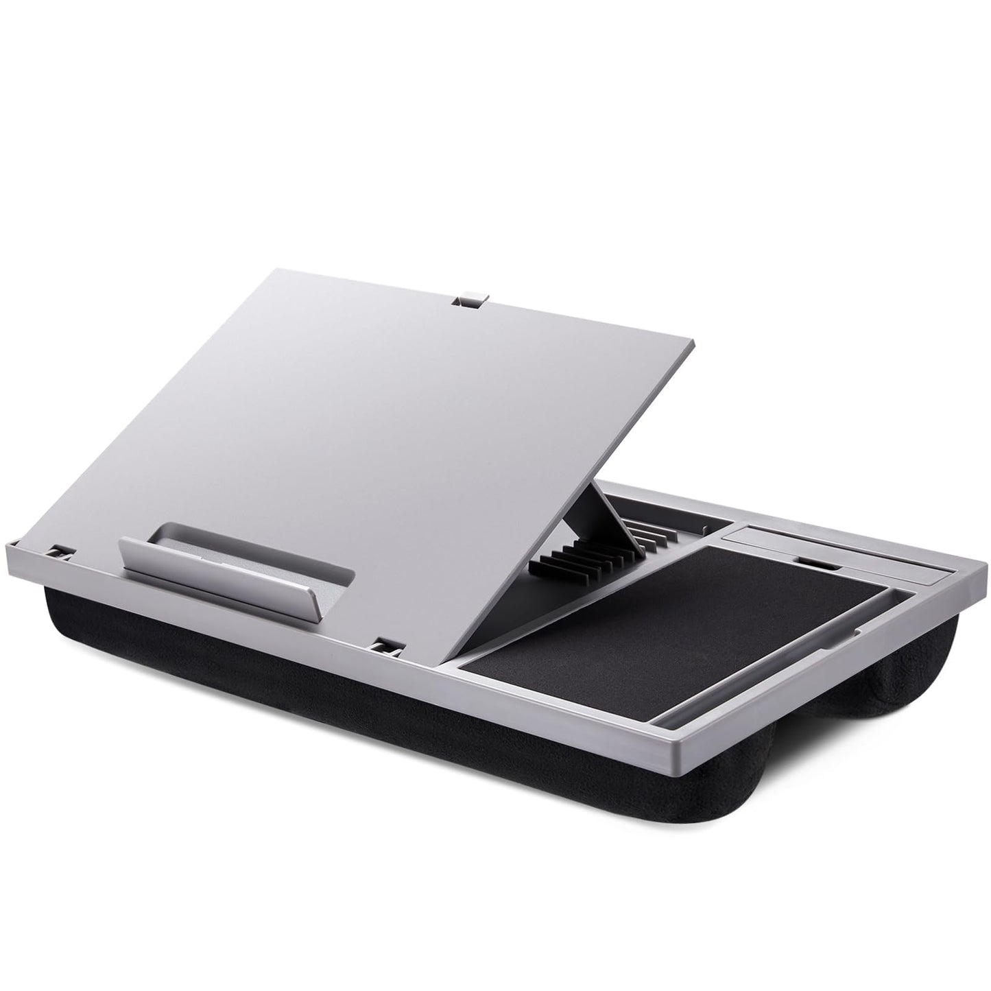 LORYERGO Adjustable Laptop Desk with Cushion, Mouse Pad & Cellphone Slot - Laptop Stand for Bed & Couch, Riser for Home & Office (Grey)