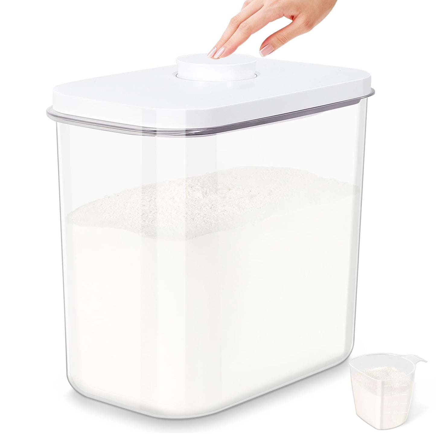 Airtight Rice Container 25 Lbs with Handle and Cup – 12.68Qt Large Flour Sugar Storage Container with Pop Up Seal & Hanging Lid Hooks, Clear Tall Food Storage Bin for Kitchen Pantry Organization