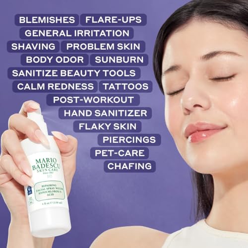 Mario Badescu Repairing HOCl Facial Spray with Hypochlorous Acid – Soothes & Hydrates Angry, Irritated Skin, Reduce Redness & Flare-Ups – pH Balancing, Non-Irritating Cleanser, 4 Fl Oz (Pack of 2)