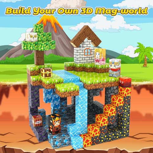 100PCS Magnetic Blocks -Build Mine Magnet World Forest & Lava Set, Magnet Building Toys for Kids Ages 5-7, STEM Sensory Toddler Toys for 3+ Year Old Boys & Girls, Creativity Birthday Gifts for Child