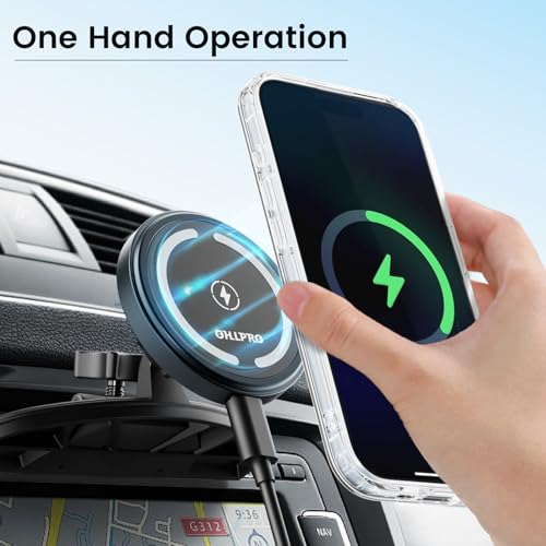 OHLPRO for 15W MagSafe Car Mount Charger for iPhone 16, Fast Wireless Charging, Magnetic CD Slot Holder with 3M Adhesive Base for Dashboard, Aluminum Shell, Compatible with iPhone 16/15/14/13 Pro Max