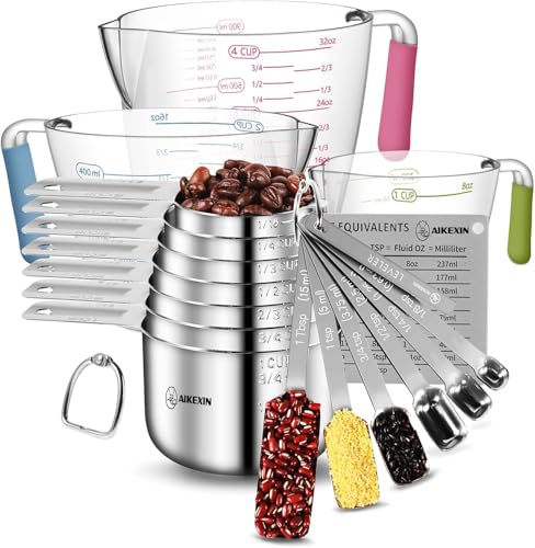 AIKEXIN Measuring Cups and Spoons Set of 20 - Stackable Stainless Steel Measuring Cups Spoons & Plastic Measuring Cup for Dry and Liquid Ingredients, Cooking & Baking Kitchen Gadgets