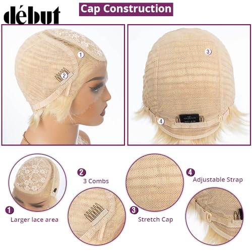DÉBUT Human Hair Pixie Wig Side Part Lace Front Wigs with Side Fringe Swept Bangs Short Pixie Cut Wig 613 Color