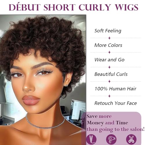DÉBUT Short Curly Wigs with Bangs 100% Human Hair Afro Curly Glueless Wigs for Women Loose Curls Wear&Go Non Lace Front Wig (Medium Brown)