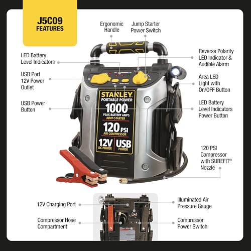 STANLEY J5C09 1000 Peak Amp Automotive Jump Starter, Portable Power – 2.1A/10W USB Port, 12V Outlet, 120 PSI Air Compressor for Tires, Bikes & Sports Equipment