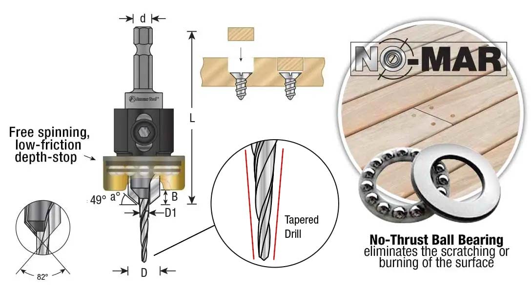 Amana Tool 55153 Carbide Tipped 82 Degree Countersink with Tapered Drill and Adjustable Depth Stop with No-Thrust BB 3/8 D x 5/32 Drill D x 1/4 Inch Quick Release Hex SHK