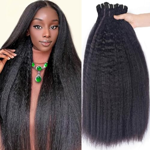 Kinky Straight Human Hair Bundles 16 18 20 Inch 12A 100% Unprocessed Brazilian Virgin Hair 3 Bundles Yaki Straight Bundles for Black Women Quick Weave Natural Black Color