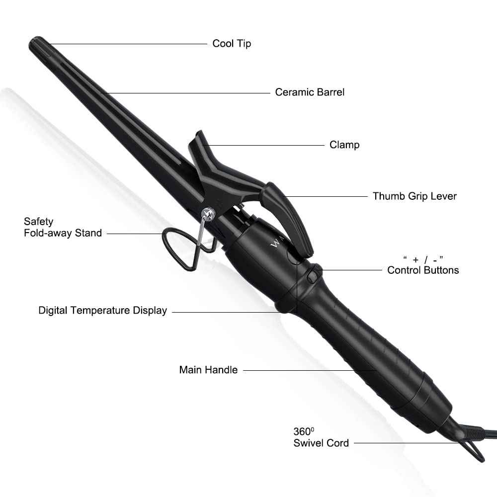 Professional Curling Iron Tapered Curling Wand 1-1/2" Ceramic Hair Curler, Fast Heat-up Multiple Temp Settings Curling Wand with LED Display Auto Shut Off and 2 Hair Clips