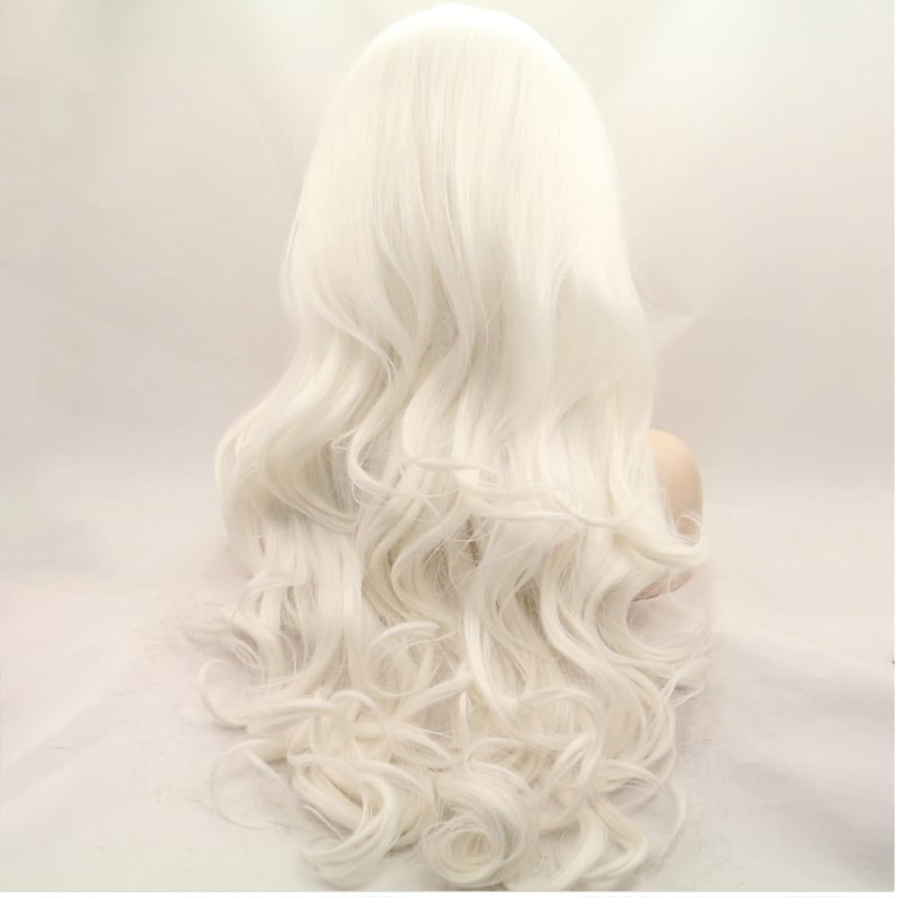 Xiweiya Blonde Lace Front Wig Long Body Wavy White Blonde Synthetic 13x4 Lace Front Wig 60# Platinum Blonde Half Hand Tied Heat Resistant Hair 180% Density Hair Replacement for Women Drag Queen 24inch