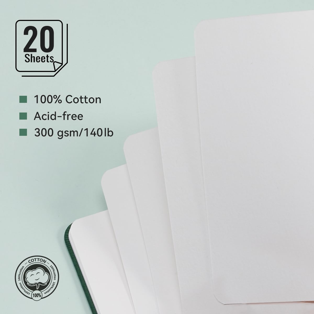 Lightwish Watercolor Journal, 2 Pack 40 Sheets 100% Cotton Hot Press Watercolor Paper Sketchbook 7.6” x 5.3”,140lb/300gsm, Acid-Free for Watercolors, Gouache, Acrylics