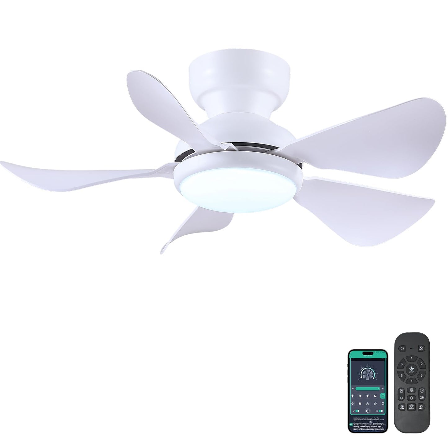 Kviflon 32 Inch Modern Ceiling Fans with Lights, Small Flush Mount Ceiling Fan with Light and Remote/APP Control, 5 Reversible 6 Speeds Curved Blades, 3 CCT Dimmable Lights for Kids Room, White