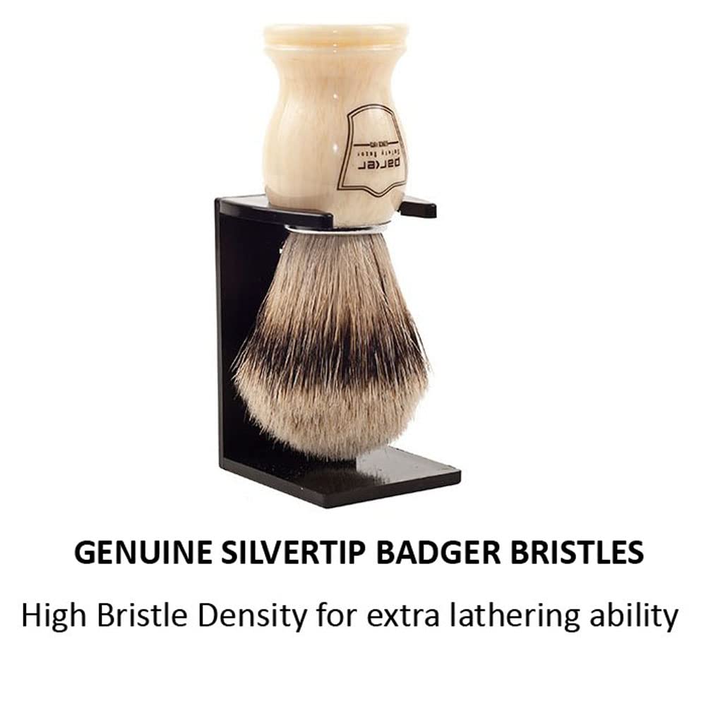 Parker’s 100% Silvertip Badger Bristle Shave Brush – Brush Stand Included (White Handle)