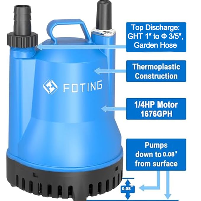 FOTING Submersible Water Pump - 1/4HP Utility Pump - 1676GPH Thermoplastic Electric Portable Transfer Water Pump - 25-Foot Cord for Pool, Tub, Garden, Pond Draining