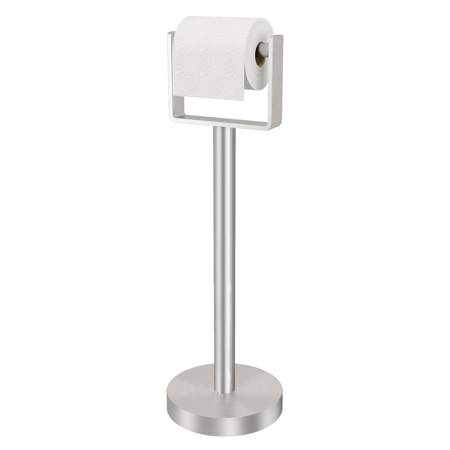 YUMORE Toilet Paper Holder Free Standing, Stainless Steel Toilet Paper Stand, Weighted Base Floor Tissue Roll Holder for Bathroom, Brushed Nickel 200UP