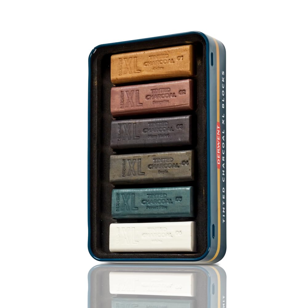 Derwent Tinted Charcoal XL Blocks 6 Tin, Set of 6, 60mm Extra-Large Block, Naturally Water-soluble, Ideal for Sketching, Drawing and Expressive Mark Making, Professional Quality (2306177)