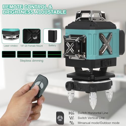 16 Lines Laser 360 Level Self Leveling, 4x360° Professional 4D Green Cross Line laser Level for Construction and Picture Hanging with 2 Batteries,Magnetic Bracket & Remote Control