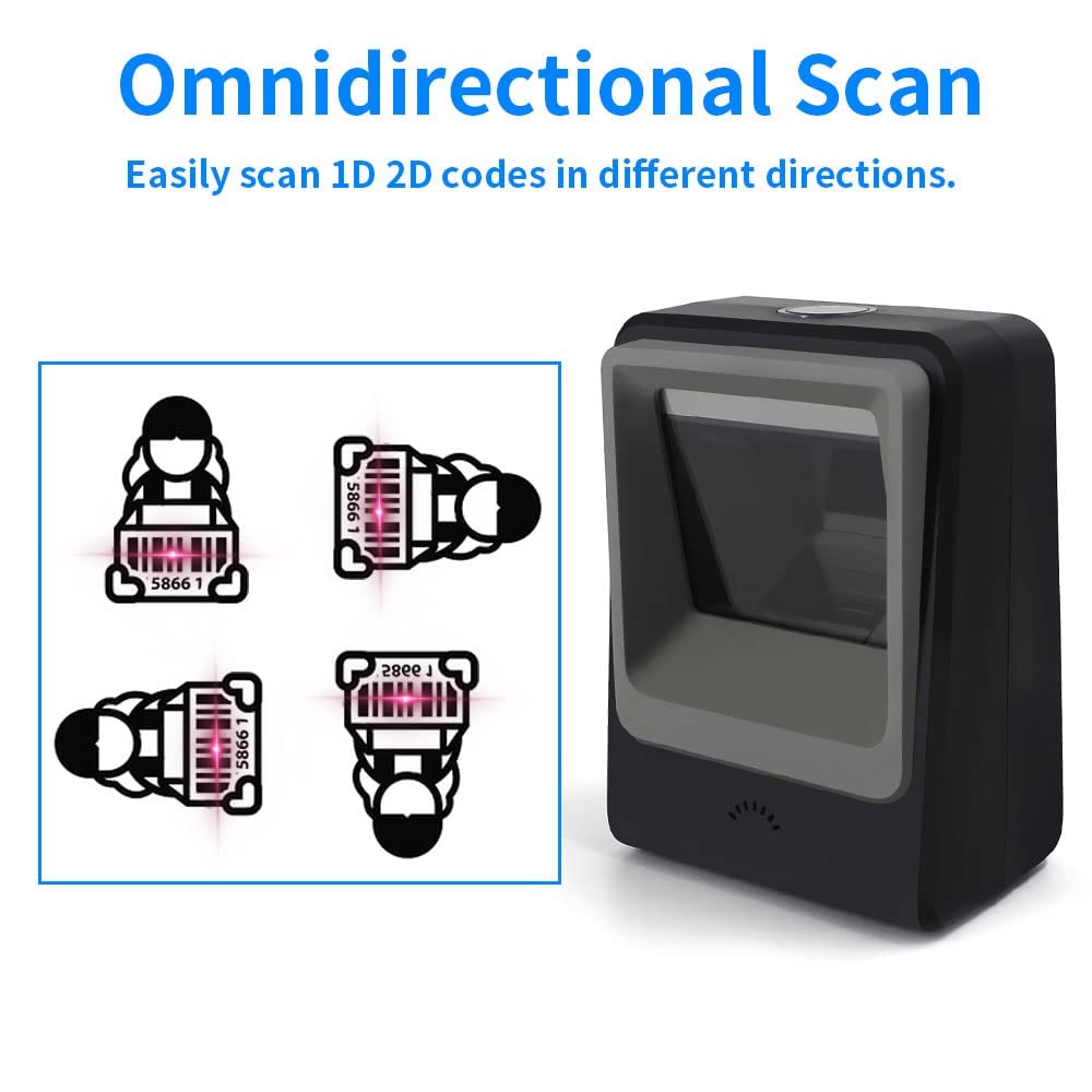 Handsfree 2D 1D Barcode Scanner,Alacrity QR Omnidirectional Desktop Bar Code Reader Scanner, Capture Barcodes from Mobile Phone Screen, Black