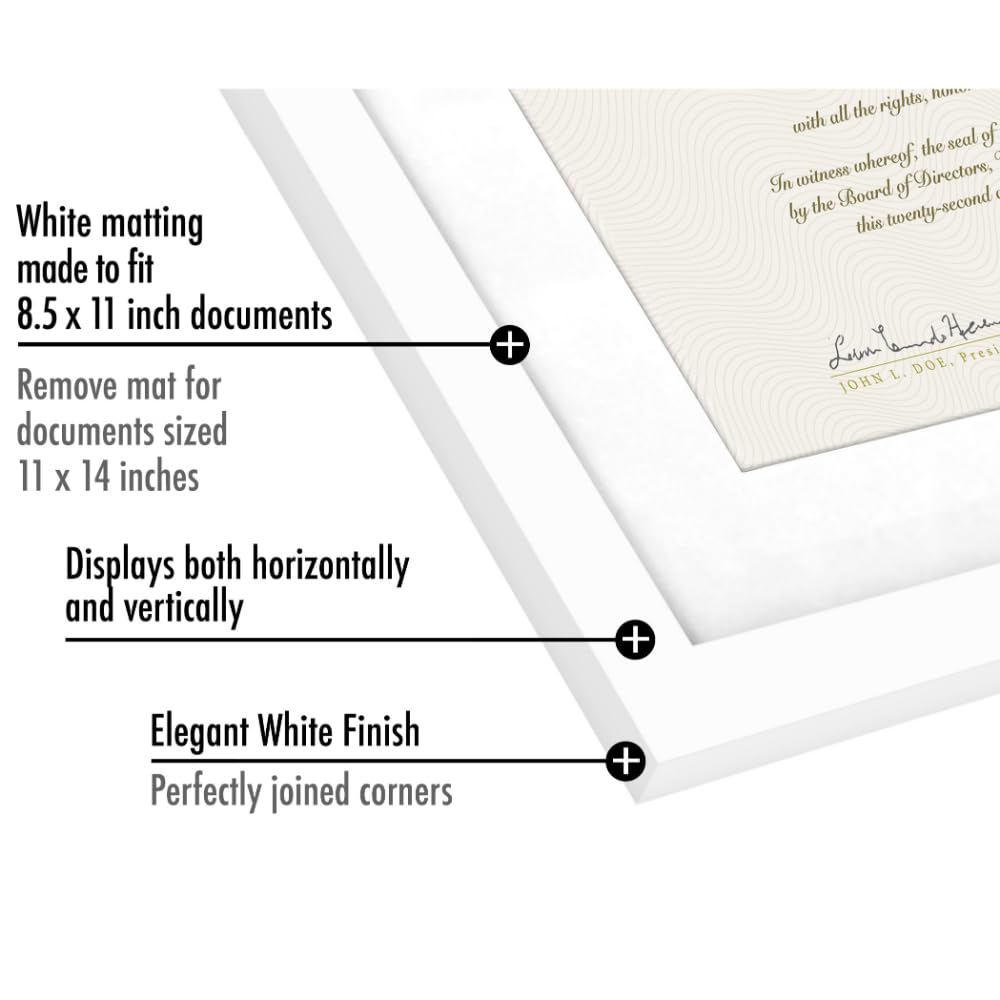 Americanflat 11x14 Diploma Frame with Shatter-Resistant Glass - Set of 2 - Use as 8.5x11 Frame with Mat or Display 11x14 Documents Without Mat - Certificate Frames with Engineered Wood - White